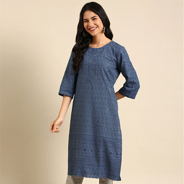 Blue - Gota Work Fine Tissue Zari Straight Plain Kurta for women 10